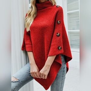 Women's Red Button-Detail Pullover Poncho Sweater